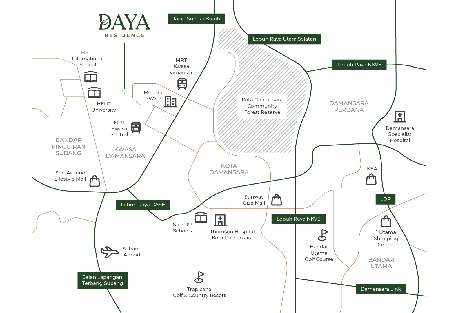 Daya Residence location map showing nearby landmarks and highways